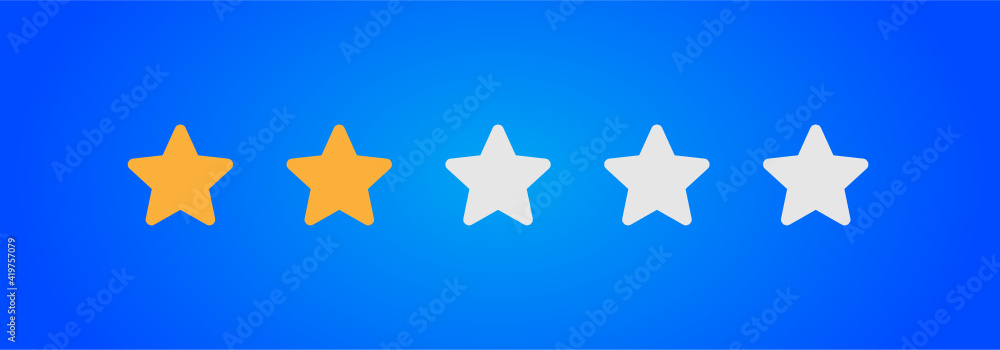 Two gold stars quality rating vector icon. Golden star vote illustration. 2 yellow star review quality. Two gold stars quality rating vector icon. Golden star vote illustration. 2 yellow star review quality.