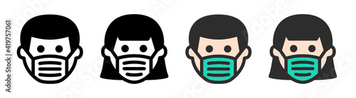 Man and Woman wearing Mask icon. Girl and boy with Face mask protection vector illustration.