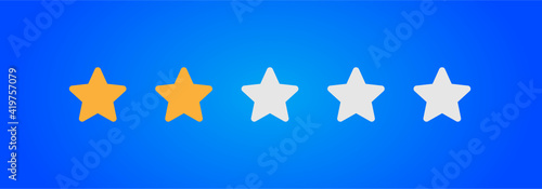 Two gold stars quality rating vector icon. Golden star vote illustration. 2 yellow star review quality.