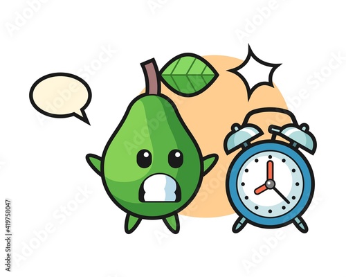 Cartoon illustration of avocado is surprised with a giant alarm clock