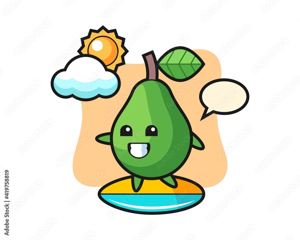 Obraz premium Illustration of avocado cartoon do surfing on the beach