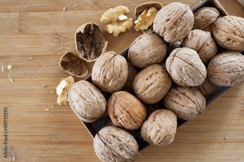 walnuts on a wooden table close up