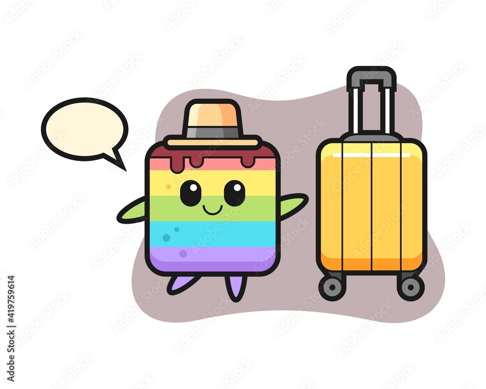 Rainbow cake cartoon illustration with luggage on vacation Rainbow cake cartoon illustration with luggage on vacation