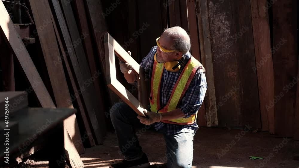 An old Asian carpenter is working to order in his own wood factory. With peace of mind by using hand tools including saws, wood planers, hammers, and more. An old Asian carpenter is working to order in his own wood factory. With peace of mind by using hand tools including saws, wood planers, hammers, and more.