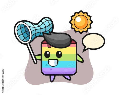 Rainbow cake mascot illustration is catching butterfly