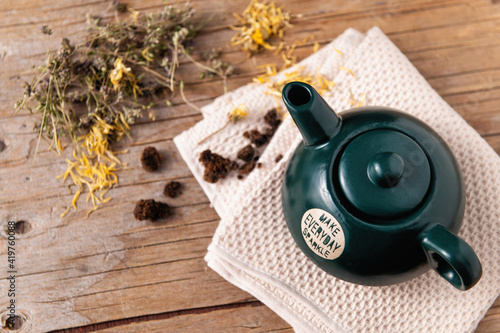 Homemade Herbal Soothing Immune Booster Tea, Chamomile & Calendula in Green Ceramic Teapot