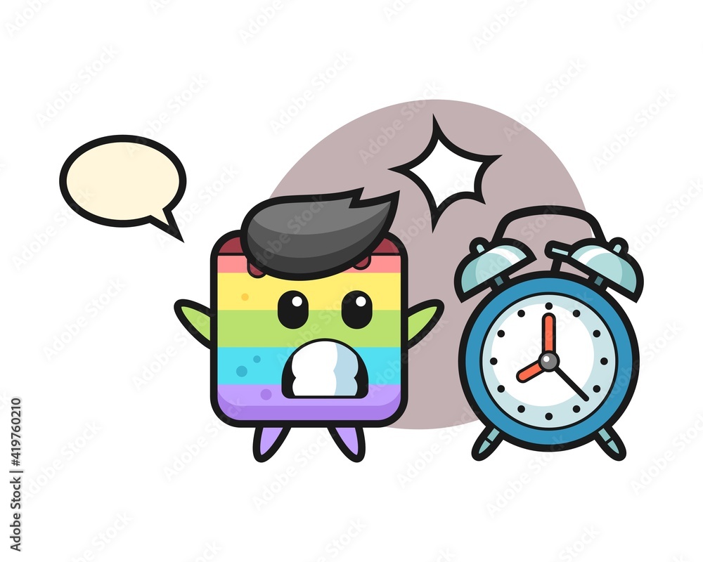 Cartoon illustration of rainbow cake is surprised with a giant alarm clock Cartoon illustration of rainbow cake is surprised with a giant alarm clock