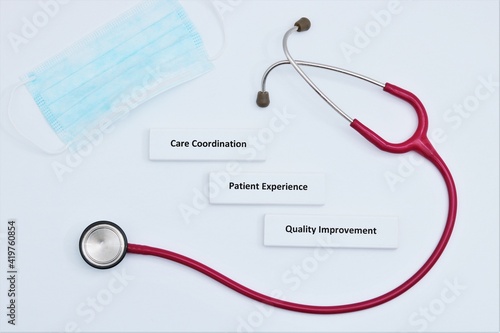 Health Care Concept demonstrating Care Coordination, Patient Experience, and Quality Improvement displayed on a White Background with red stethoscope photo