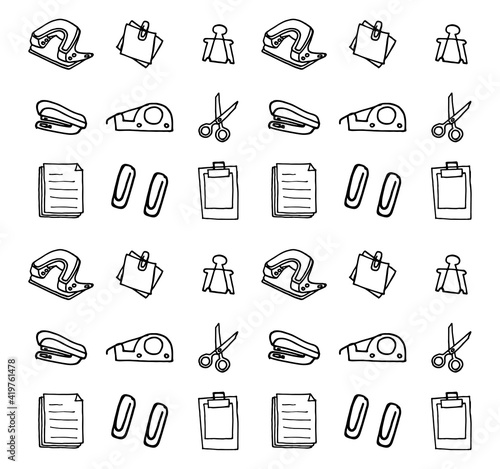 set of office stationery isolated on white background. clip, paperclip, memo, pile of paper, document, scissor. hand drawn vector. office clipart. doodle art for logo, label, sticker, poster, banner,