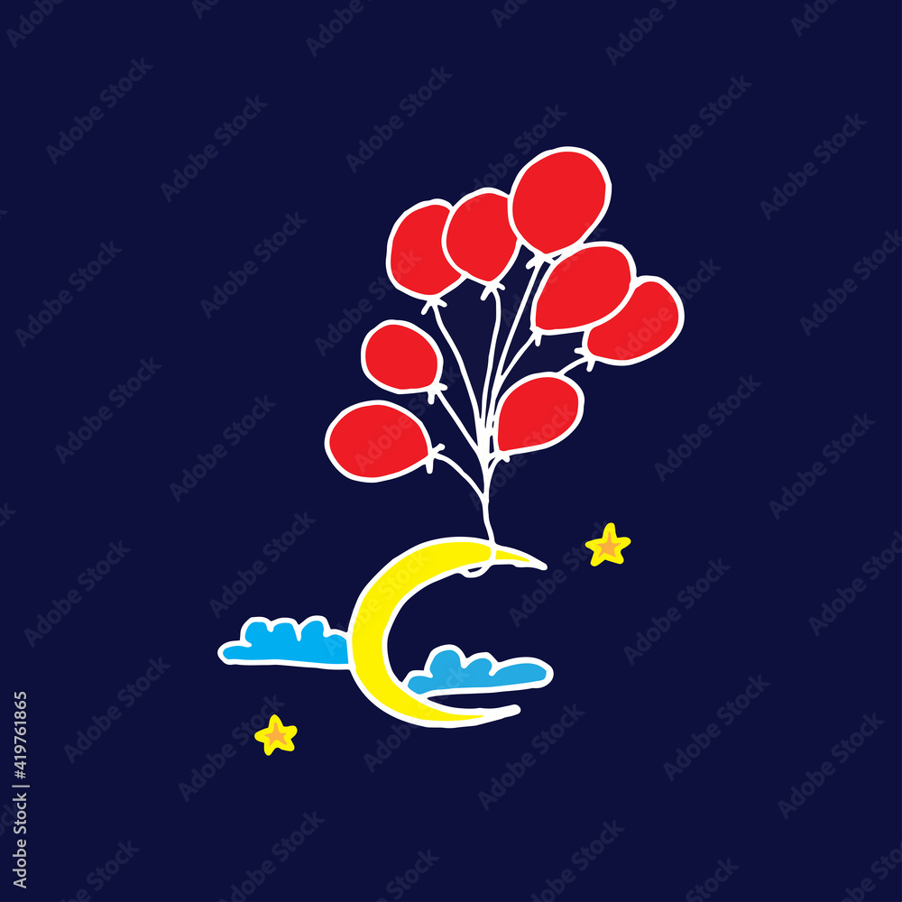 abstract background. cute doodle artistic. crescent moon with red balloons on night background. hand drawn vector. wallpaper, cover, poster, banner, card, greeting and invitation, wall decoration. abstract background. cute doodle artistic. crescent moon with red balloons on night background. hand drawn vector. wallpaper, cover, poster, banner, card, greeting and invitation, wall decoration.