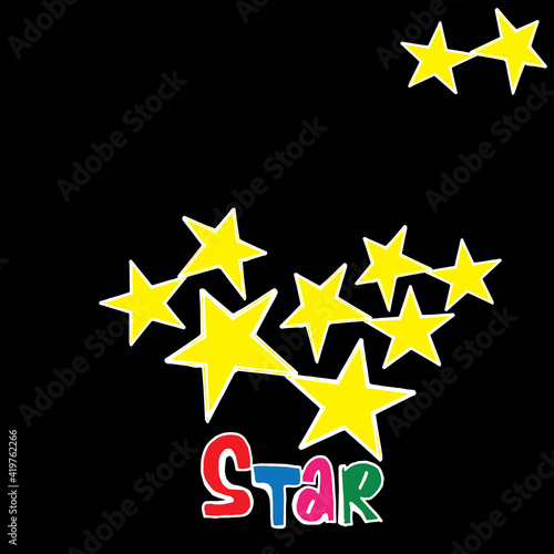 yellow stars on dark background. colorful hand drawn lettering-STAR. white outline  hand drawn vector. doodle artistic art for kids  wallpaper  poster  banner  backdrop  card  wall decoration. 