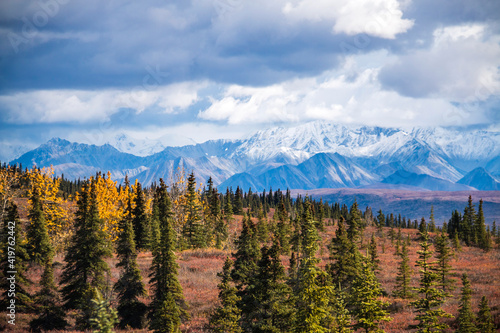 dramatic snow capped Alaskan mountain range inside the Denali National Park in Alaska taken during autumn.