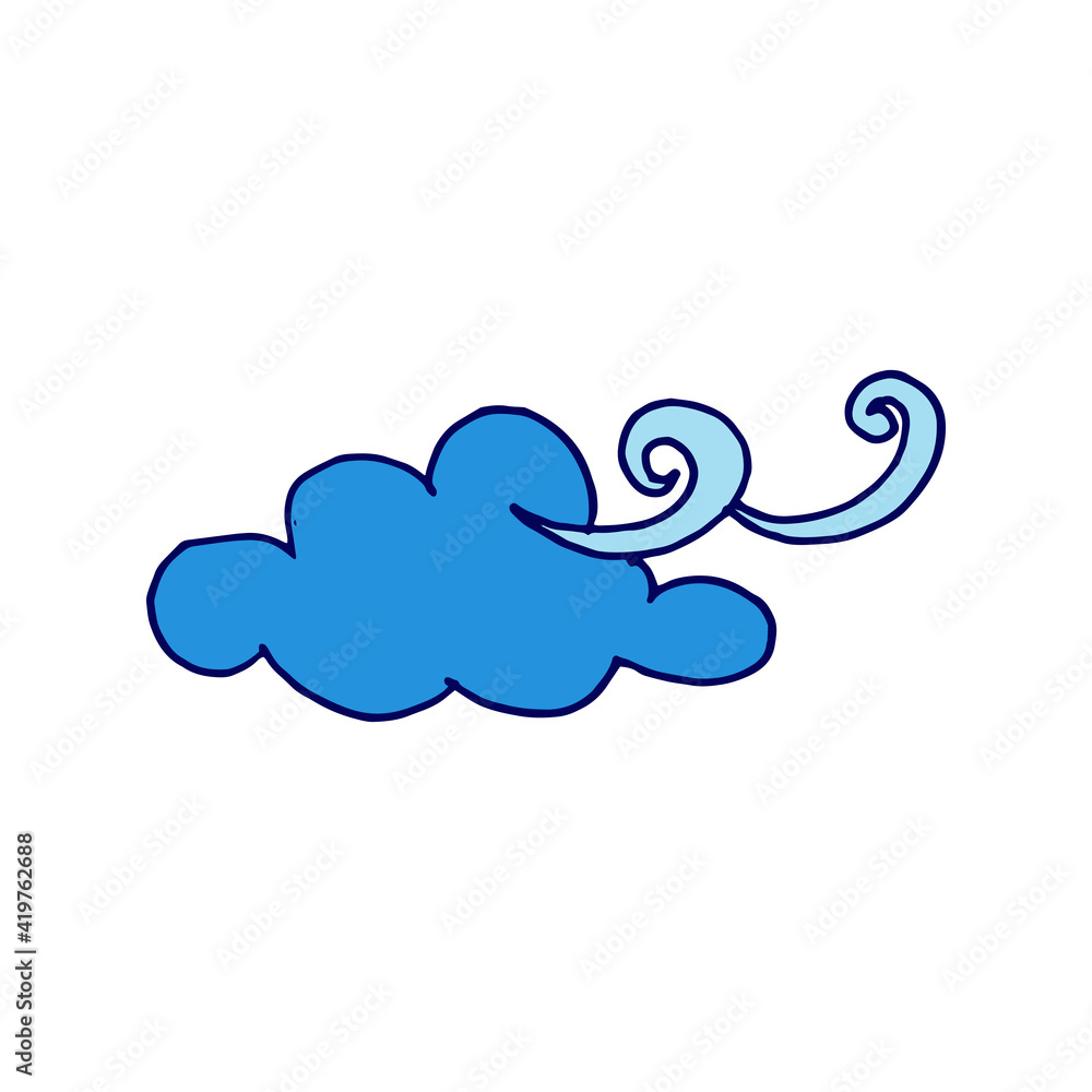 windy day, blue cloud blowing air vector illustration. weather icon on  white background. hand drawn vector. cloudy, climate cartoon. doodle for  kids, logo, label, poster, card, sticker, clipart. Stock Vector | Adobe