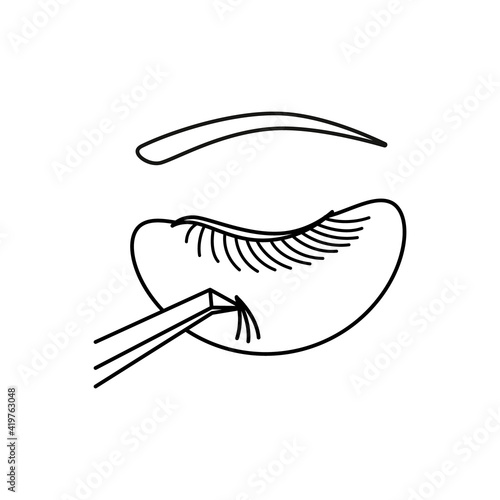 Eyelashes extension procedure thin line icon with tweezers and eye patch. Elements of beauty and cosmetics illustration. Eyebrows and lashes make up.