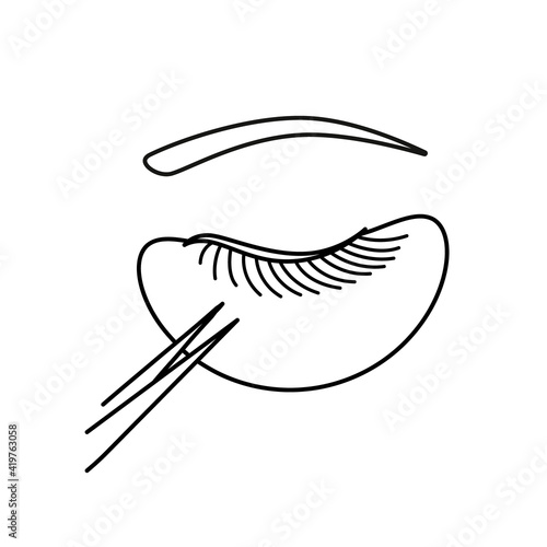 Eyelashes extension procedure thin line icon with tweezers and eye patch. Elements of beauty and cosmetics illustration. Eyebrows and lashes make up.