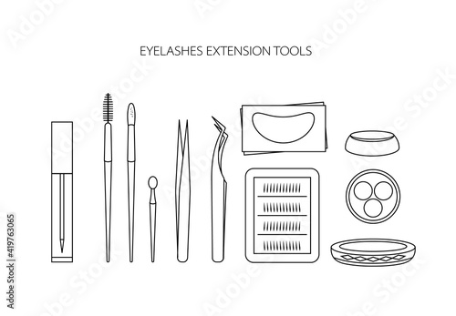 Eyelashes extension tools thin line icons set. Elements of beauty and cosmetics illustration. False lashes, glue, brushes, tweezers, eye patches and palettes.