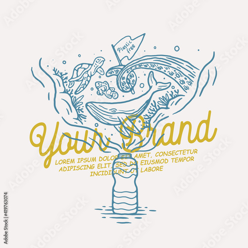 vintage line art illustration of marine life without plastic
