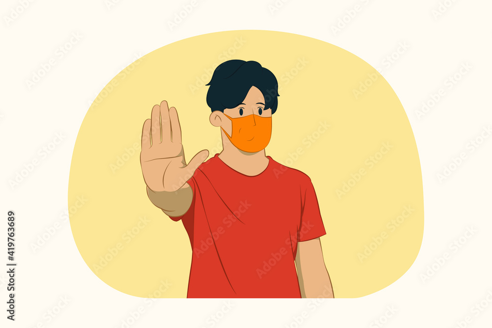 Young man wearing face mask do stop palm gesture concept