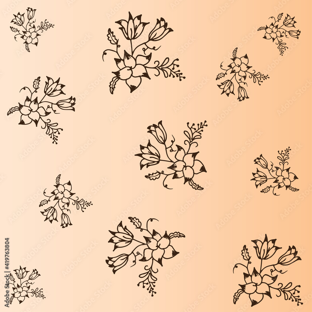 floral pattern isolated on orange background. black outline, hand drawn vector. beautiful flower icon with branch and leaf. doodle nature art for wallpaper, fabric, textile, backdrop, wrapping paper. floral pattern isolated on orange background. black outline, hand drawn vector. beautiful flower icon with branch and leaf. doodle nature art for wallpaper, fabric, textile, backdrop, wrapping paper.