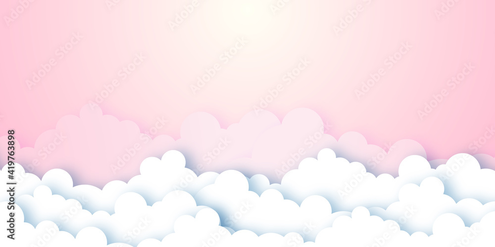 Abstract 3d white cloud detail in pink sky paper cut vector illustration background with copy space