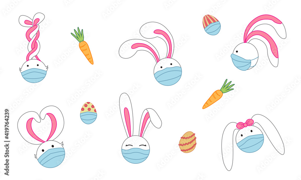 Cute easter bunnies and painted eggs wearing masks, carrots, Easter Sunday and covid 19, Holidays in the pandemic, epidemic, coronavirus, rabbit faces