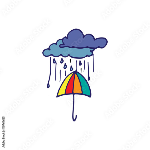 rainy day with colorful umbrella on white background. blue outline, hand drawn vector. abstract background. doodle art for kids, wallpaper, sticker, clipart, poster, banner, advertising.