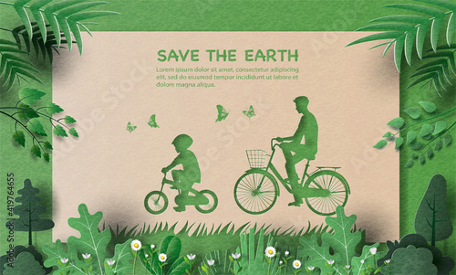 Dad and son enjoy riding bikes in green city, save the planet and energy concept, paper illustration, and 3d paper.