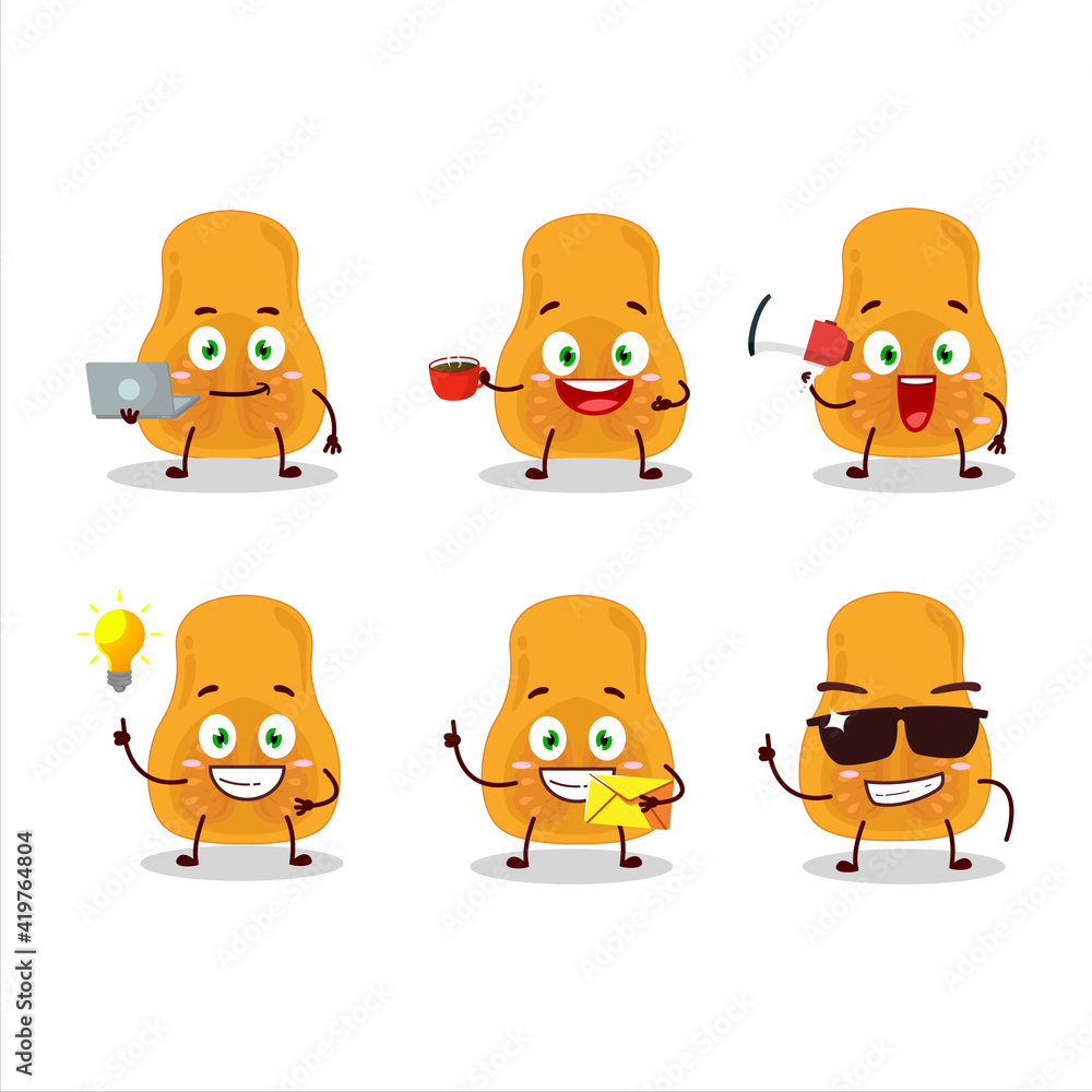 Slice of butternut squash cartoon character with various types of business emoticons Slice of butternut squash cartoon character with various types of business emoticons
