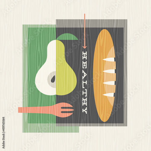 Retro illustration of healthy foods includes pears and baguette. Design for posters, menus, decor and social media. Mid century bauhaus style vector illustration.