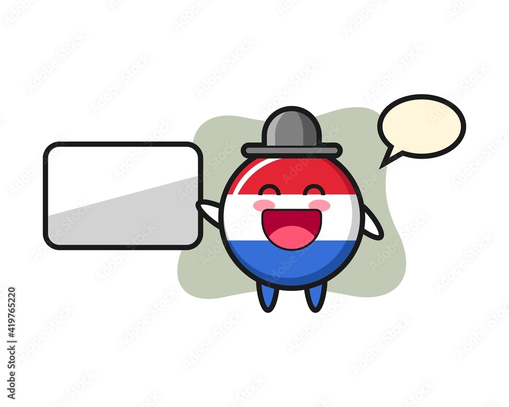 Netherlands flag badge cartoon character throwing paper airplane Netherlands flag badge cartoon character throwing paper airplane