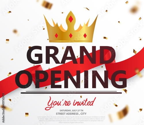 Grand opening card design with gold ribbon and confetti