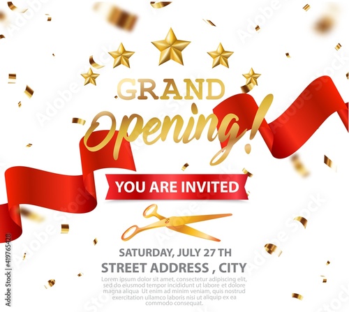 Grand opening card design with gold ribbon and confetti
