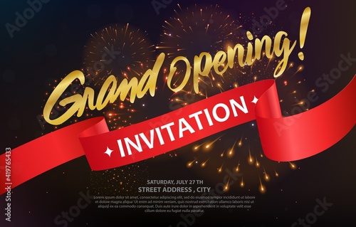 Grand opening card design with gold ribbon and confetti