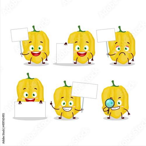 Yellow habanero cartoon character bring information board