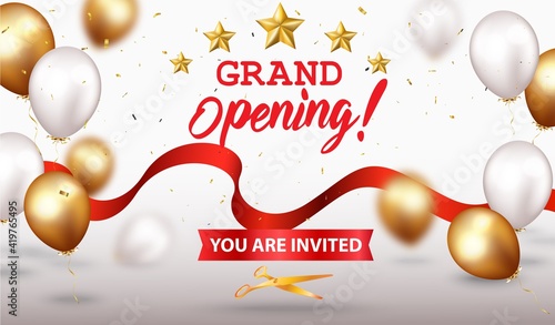 Grand opening card design with gold ribbon and confetti
