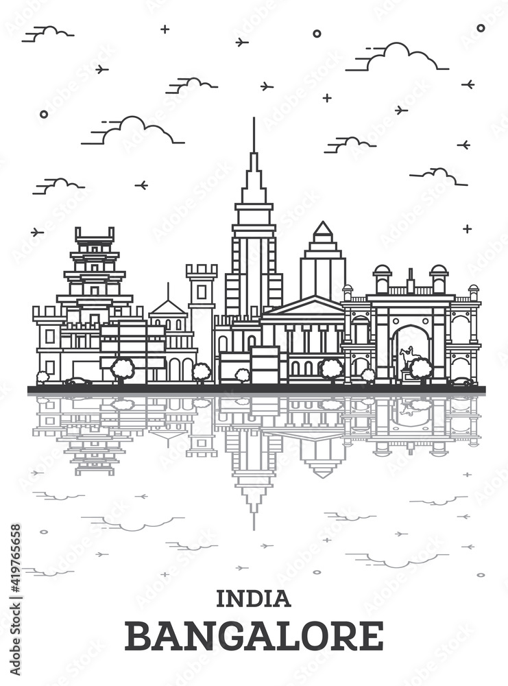 Fototapeta premium Outline Bangalore India City Skyline with Historic Buildings and Reflections Isolated on White.