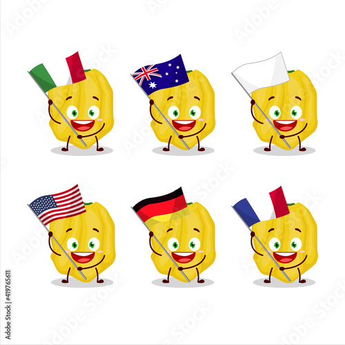 Yellow habanero cartoon character bring the flags of various countries
