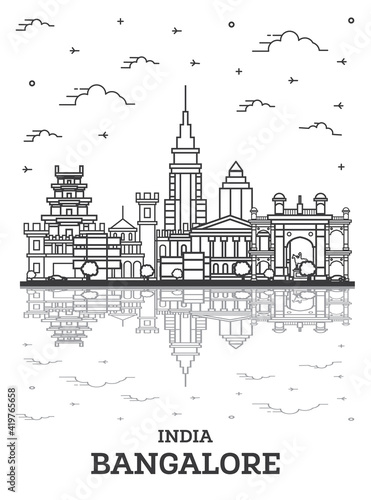 Outline Bangalore India City Skyline with Historic Buildings and Reflections Isolated on White.