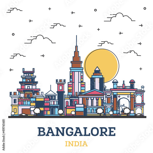 Outline Bangalore India City Skyline with Colored Historic Buildings Isolated on White.