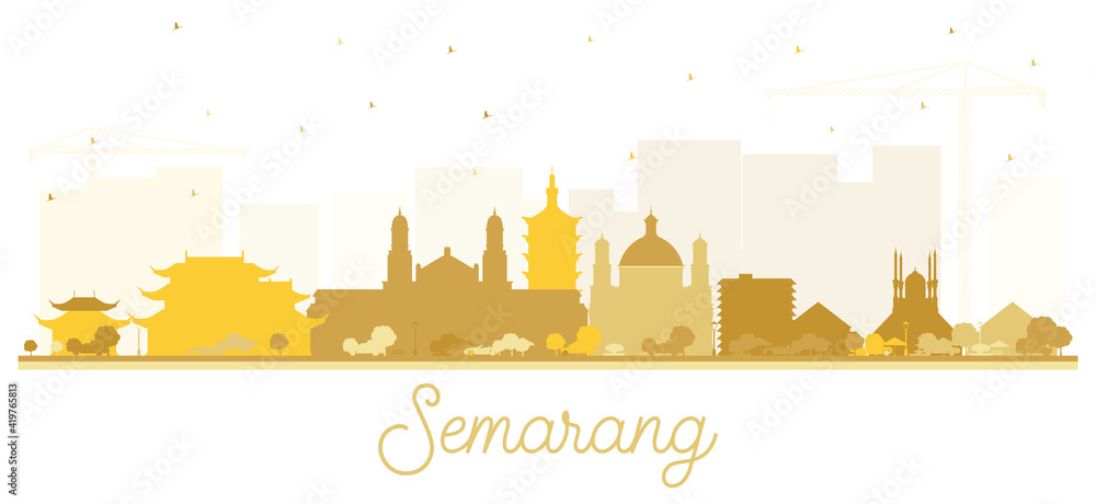 Semarang Indonesia City Skyline Silhouette with Golden Buildings Isolated on White.