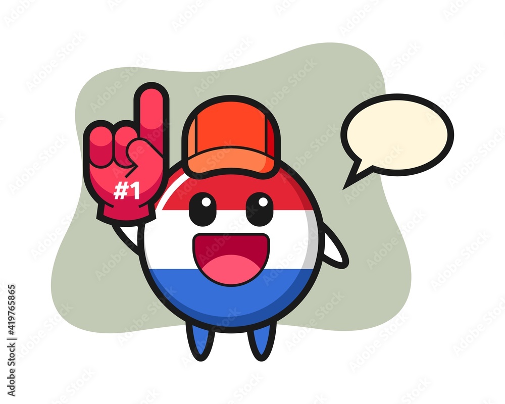 Naklejka premium Netherlands flag badge illustration cartoon with number 1 fans glove