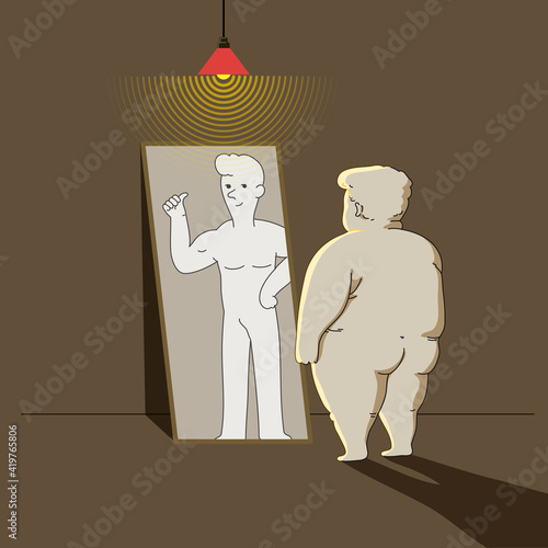 Fat man standing in front of mirror and see reflection of healthy, muscular man cheering him up. Self esteem, self motivated concept
