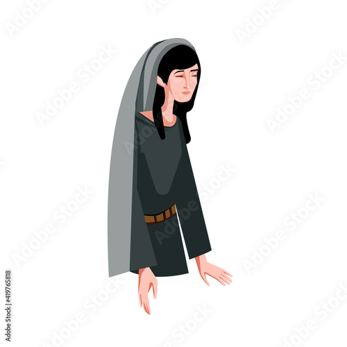 Portrait of a Jewess,  black haired jewish woman isolated on white, traditional middle east, sad character in mourning