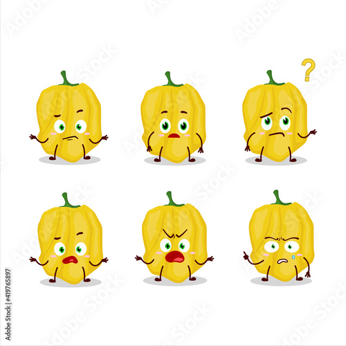 Cartoon character of yellow habanero with what expression