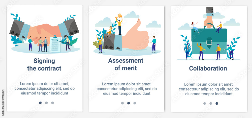 Modern flat illustrations in the form of a slider for web design. A set of UI and UX interfaces for the user interface.Topic: Signing a contract,cooperation and joint success. Modern flat illustrations in the form of a slider for web design. A set of UI and UX interfaces for the user interface.Topic: Signing a contract,cooperation and joint success.