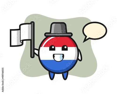 Cartoon character of netherlands flag badge holding a flag