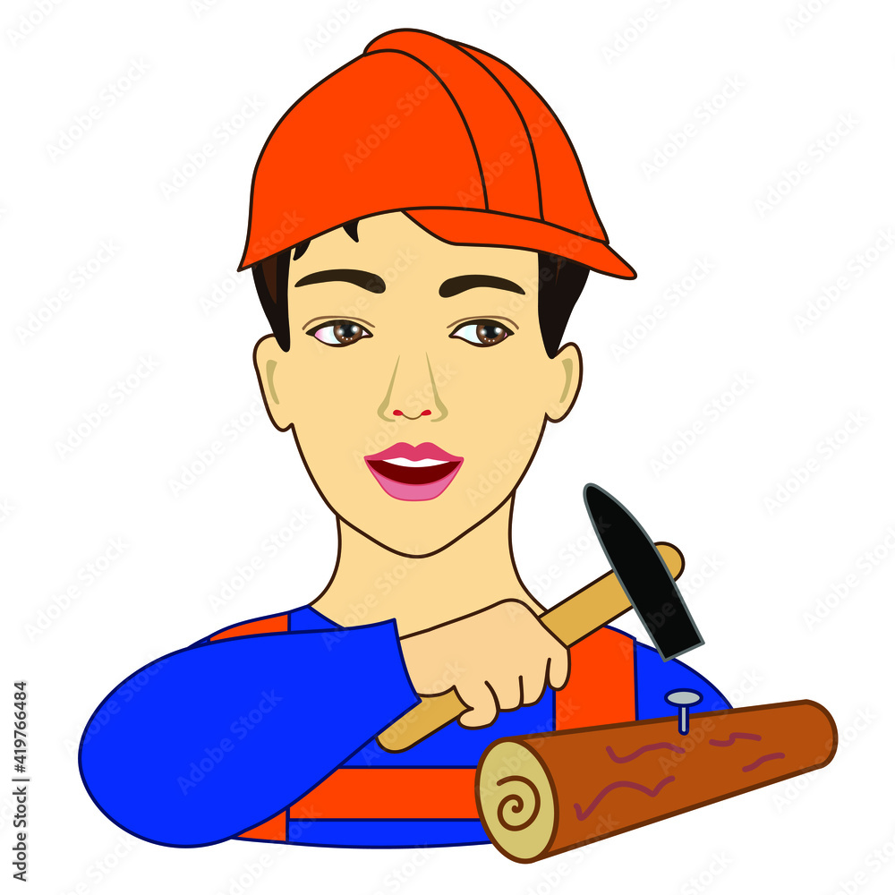 male worker in orange hard hat and overalls hammers a nail into a log ...