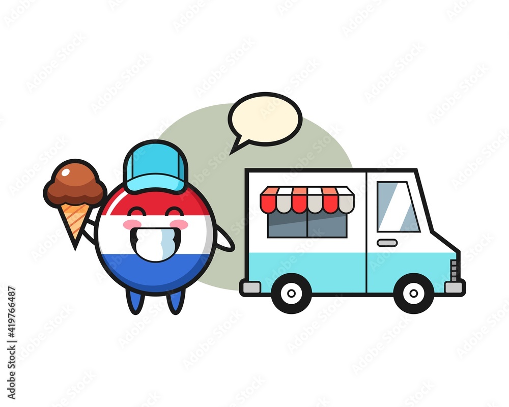 Mascot cartoon of netherlands flag badge with ice cream truck Mascot cartoon of netherlands flag badge with ice cream truck