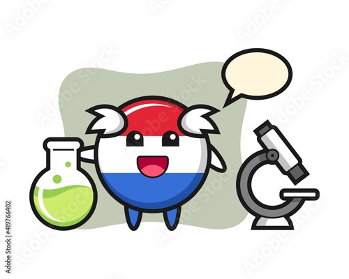 Mascot character of netherlands flag badge as a scientist