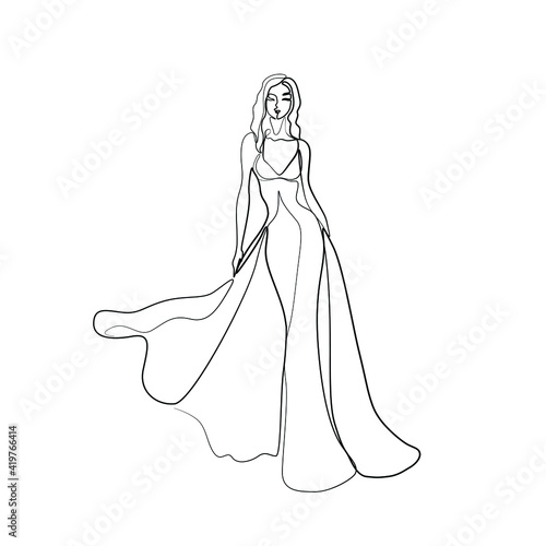 Woman on the podium abstract silhouette  fashion girl in long dress  continuous line drawing  small tattoo  print for clothes and logo design  emblem or logo design  isolated vector illustration